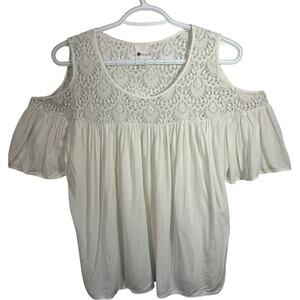 Boho Cold Shoulder Lace Top L Cream Crochet Festival Soft Girl Y2K Romantic